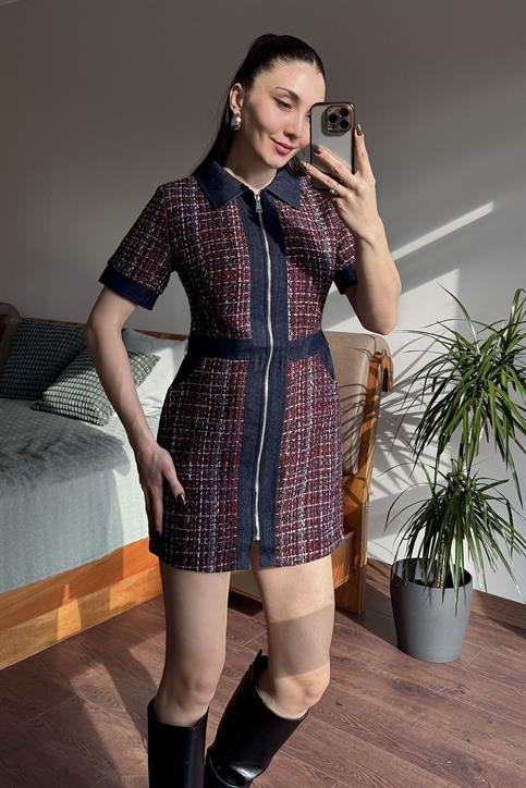 Bordo Denim Garnili Elbise