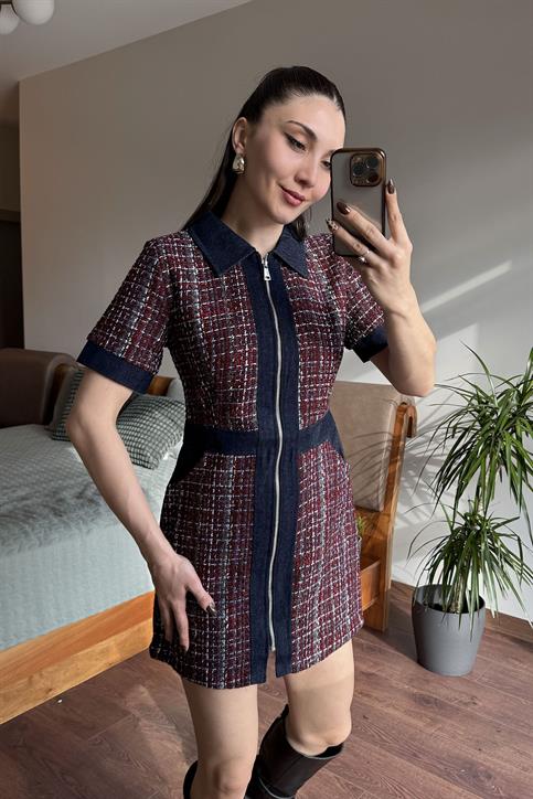 Bordo Denim Garnili Elbise