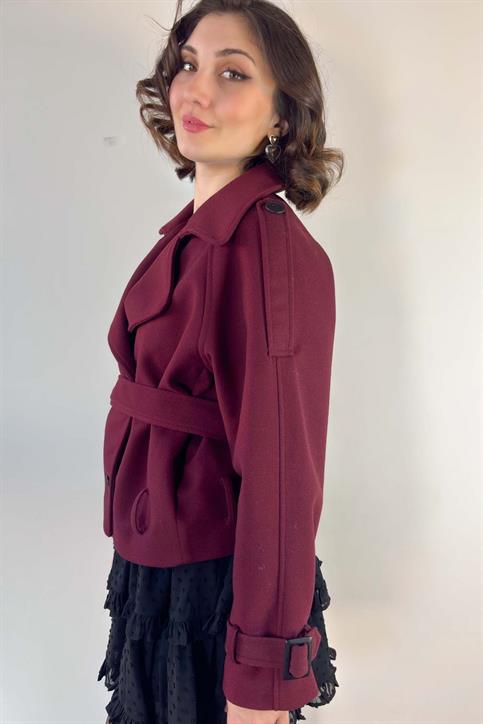 Bordo Dört Düğme Kaşe Kısa Mont