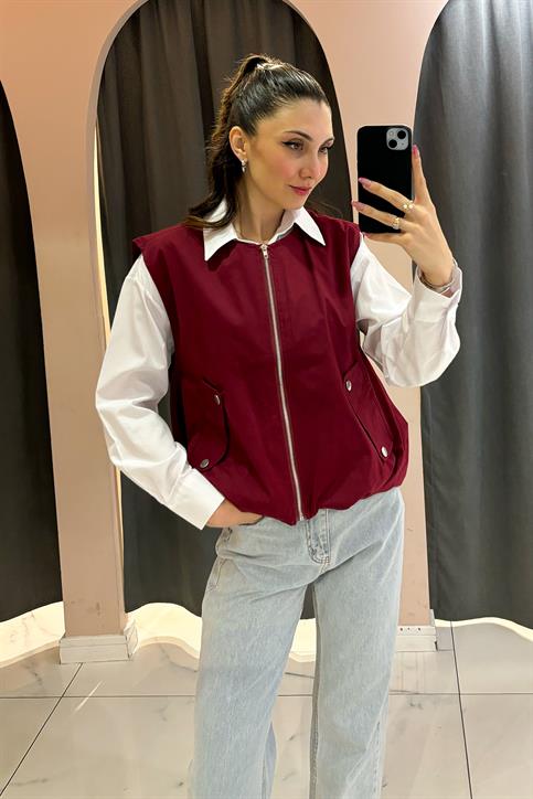 Bordo Fermuarlı Yelek