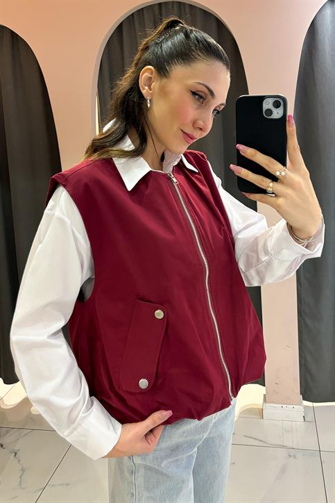 Bordo Fermuarlı Yelek