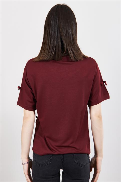 Bordo Fiyonk Detaylı T Shirt