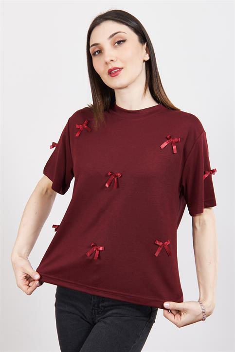 Bordo Fiyonk Detaylı T Shirt