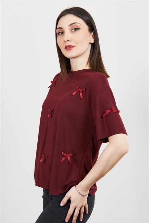 Bordo Fiyonk Detaylı T Shirt