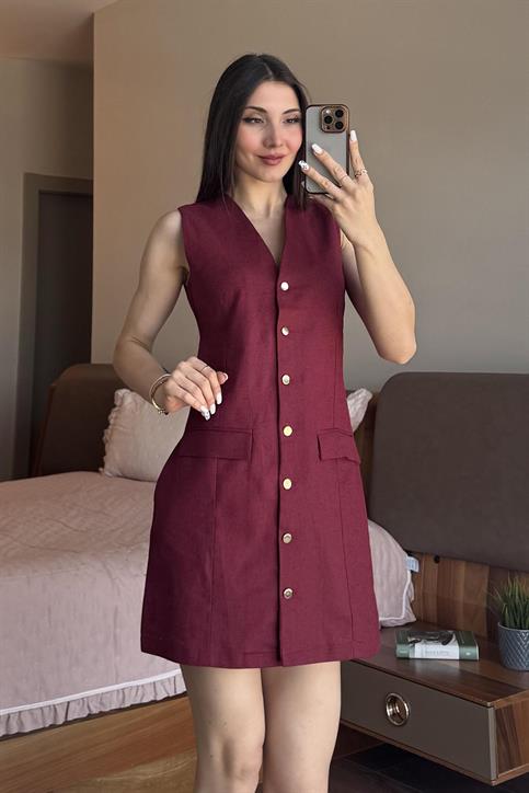 Bordo Gold Düğmeli V Yaka Mini Elbise