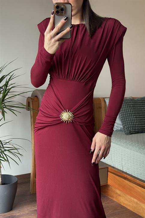 Bordo Güneş Tokalı Drape Detaylı Elbise