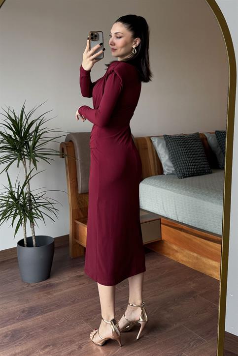 Bordo Güneş Tokalı Drape Detaylı Elbise