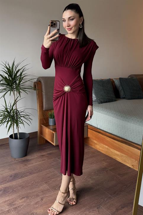 Bordo Güneş Tokalı Drape Detaylı Elbise