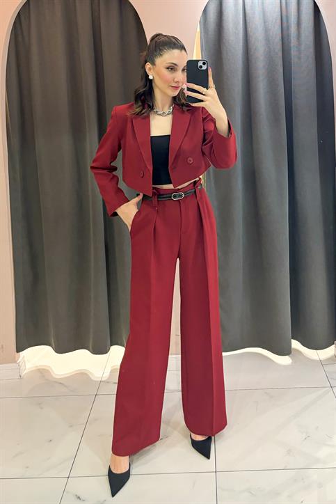 Bordo Kemer Detaylı Yüksekbel Pantolon