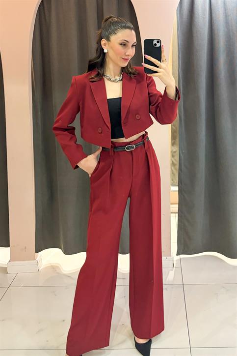Bordo Kemer Detaylı Yüksekbel Pantolon