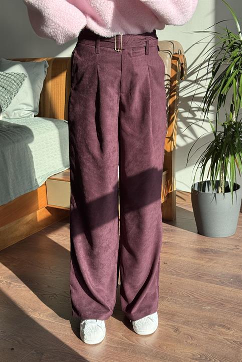 Bordo Kemerli Süet Pantolon