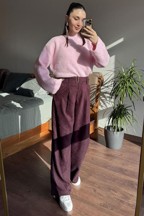 Bordo Kemerli Süet Pantolon