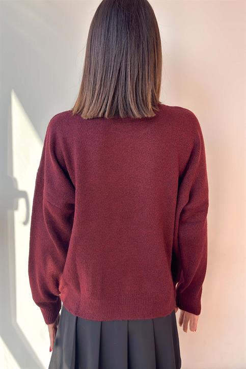 Bordo Keten Çiçekli Oversize Kazak