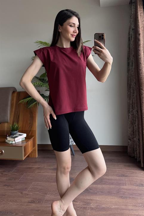 Bordo Kol Detaylı T Shirt