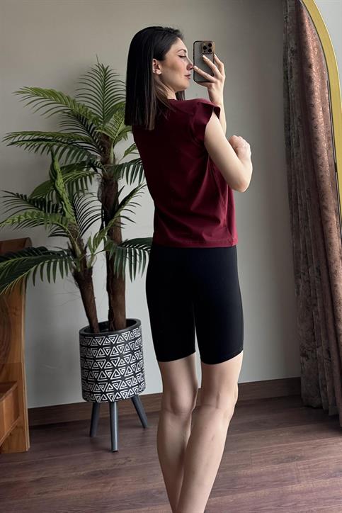 Bordo Kol Detaylı T Shirt
