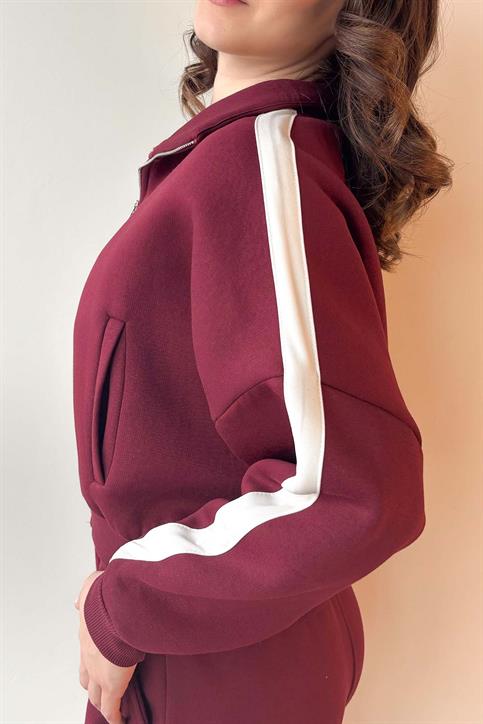 Bordo Kol Şeritli Fermuarlı Üç İplik Sweatshirt