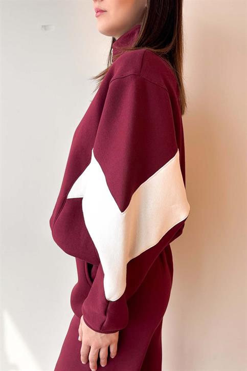 Bordo Kolu Parça Detaylı Üç İplik Şardonlu Fermuarlı Sweatshirt