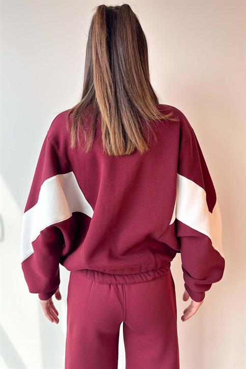 Bordo Kolu Parça Detaylı Üç İplik Şardonlu Fermuarlı Sweatshirt