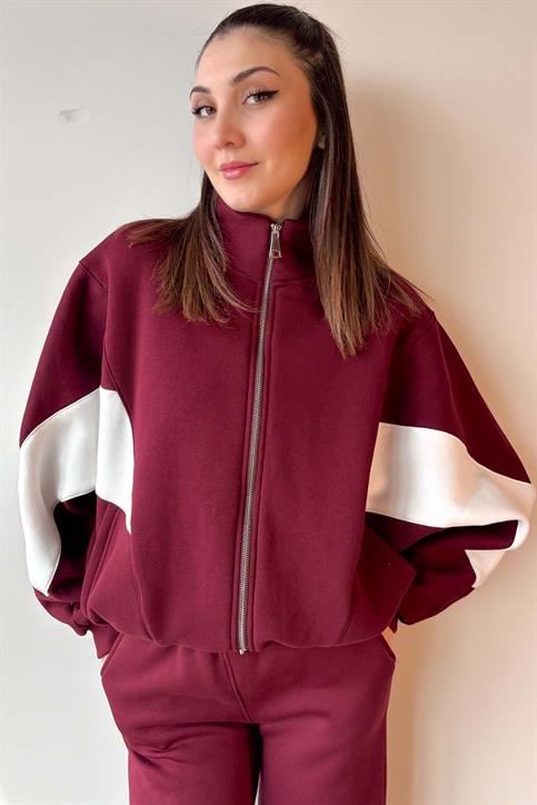 Bordo Kolu Parça Detaylı Üç İplik Şardonlu Fermuarlı Sweatshirt