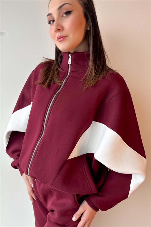 Bordo Kolu Parça Detaylı Üç İplik Şardonlu Fermuarlı Sweatshirt