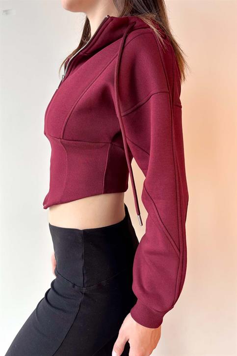 Bordo Korse Görünümlü Fermuarlı Sweatshirt