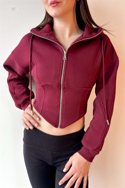 Bordo Korse Görünümlü Fermuarlı Sweatshirt
