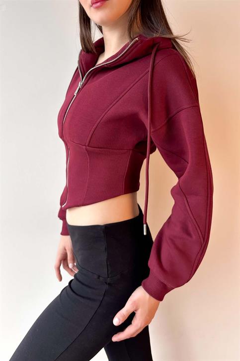 Bordo Korse Görünümlü Fermuarlı Sweatshirt