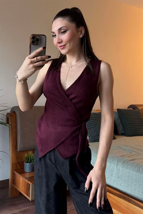 Bordo Kruvaze Yaka Kemerli Triko Yelek
