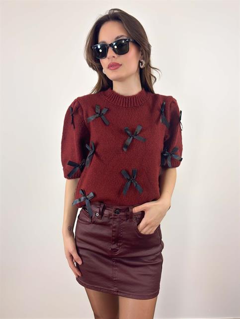 Bordo Kurdele Detaylı Kısakollu Crop Kazak