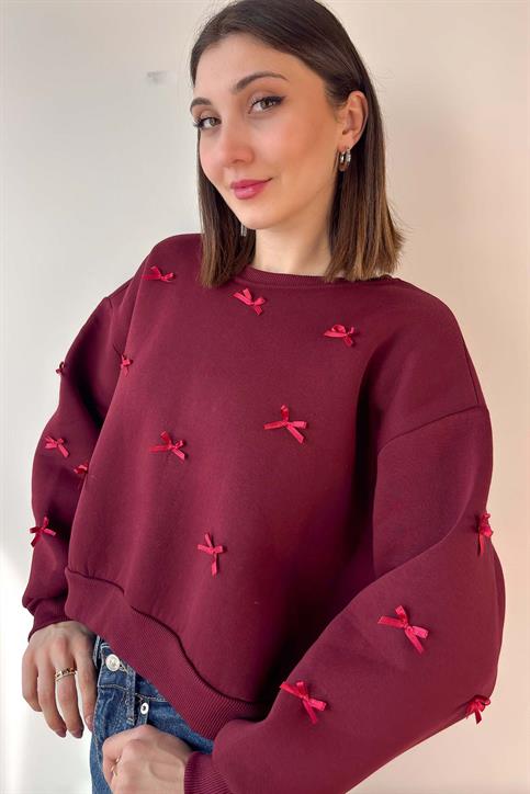 Bordo Kurdele Detaylı Pinterest Crop Sweatshirt