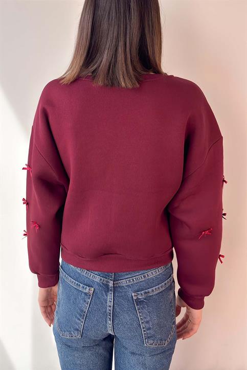 Bordo Kurdele Detaylı Pinterest Crop Sweatshirt