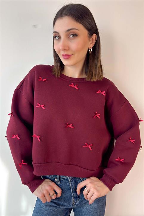 Bordo Kurdele Detaylı Pinterest Crop Sweatshirt