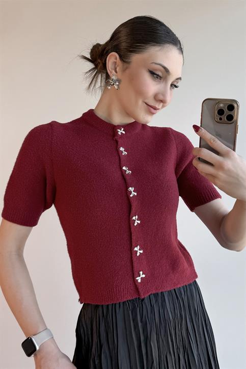 Bordo Kurdele Düğmeli Soft Dokulu Hırka