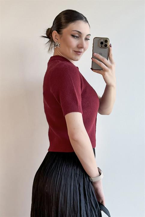 Bordo Kurdele Düğmeli Soft Dokulu Hırka