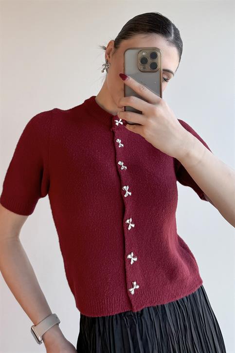 Bordo Kurdele Düğmeli Soft Dokulu Hırka