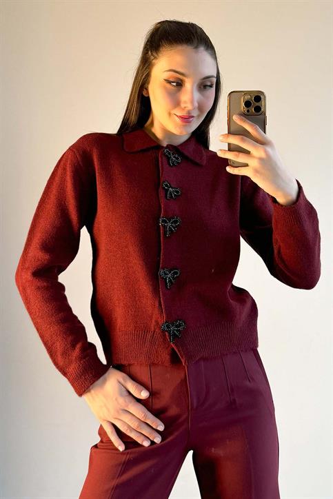Bordo Kurdele Düğmeli Triko Hırka