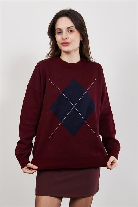Bordo Lacivert Fleap Oversize Bisiklet Yaka Kazak
