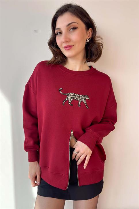 Bordo Leopar Nakışlı Fermuarlı Sweatshirt