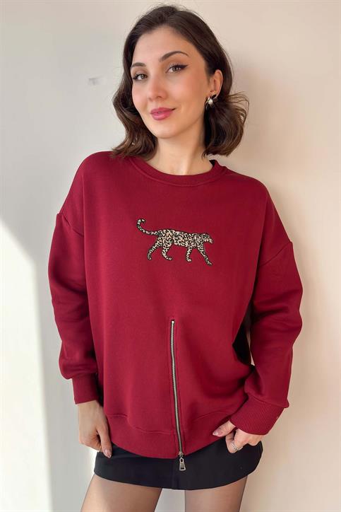 Bordo Leopar Nakışlı Fermuarlı Sweatshirt