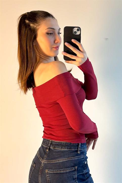 Bordo Madonna Yaka Kaşkorse Bluz