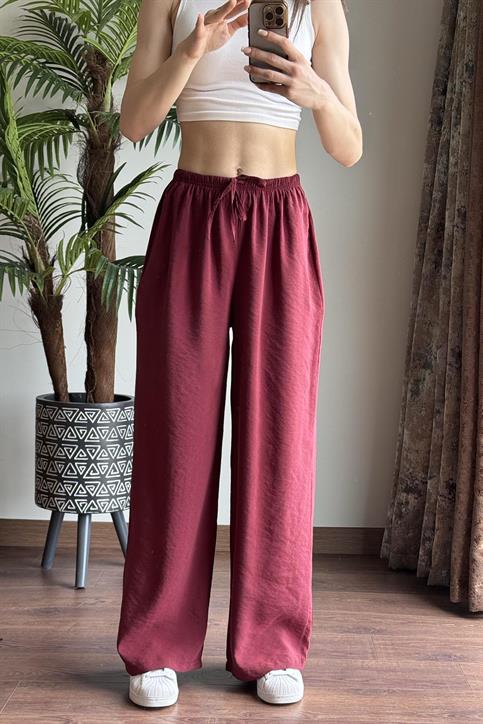 Bordo Massi Beli İpli Tencel Pantolon