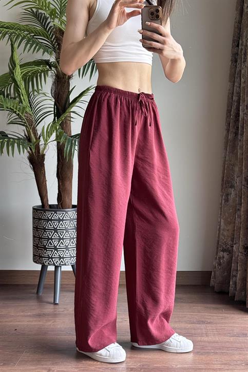 Bordo Massi Beli İpli Tencel Pantolon