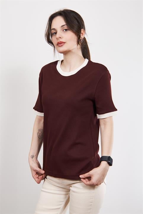 Bordo Massi Kontrast Yaka ve Manşetli T Shirt