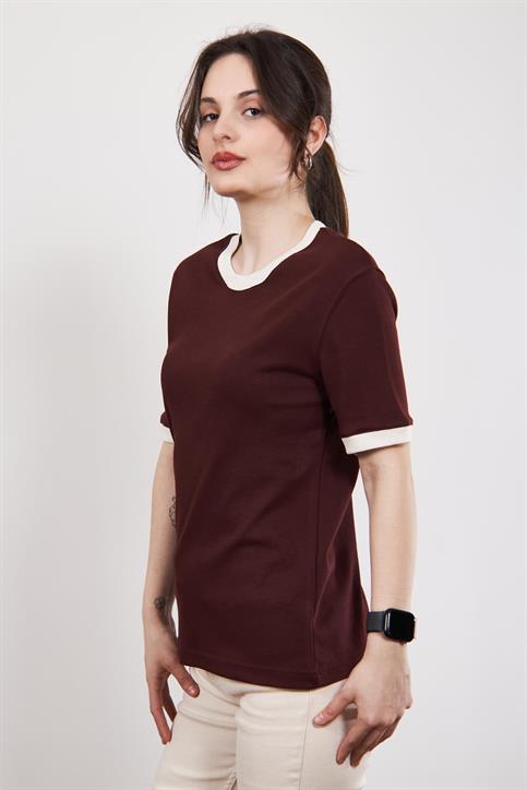 Bordo Massi Kontrast Yaka ve Manşetli T Shirt