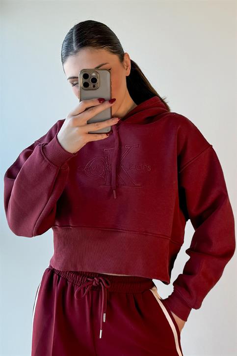 Bordo Nakış Detaylı Kapüşonlu Crop Sweatshirt