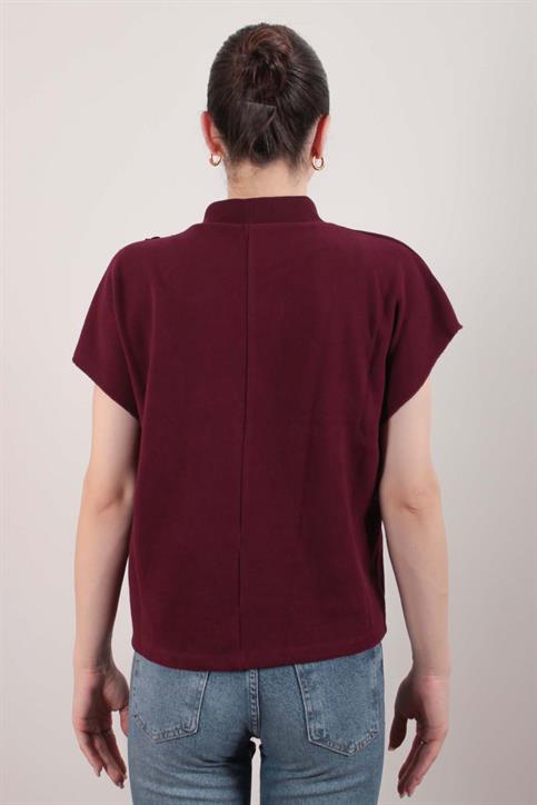 Bordo Omuzu Düğmeli Selanik Kumaş Bluz