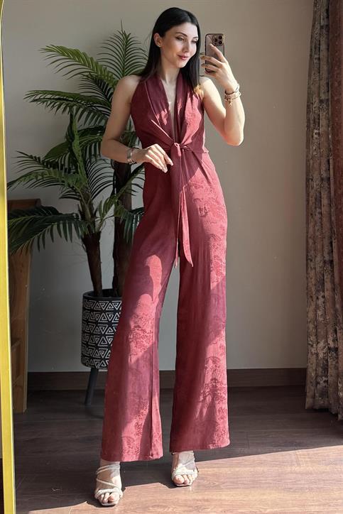 Bordo Ön Bağlama Detaylı Kendinden Desenli Tulum