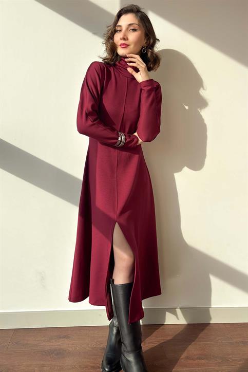 Bordo Ön Yırtmaçlı Yarasa Kol Balıkçı Yaka Elbise