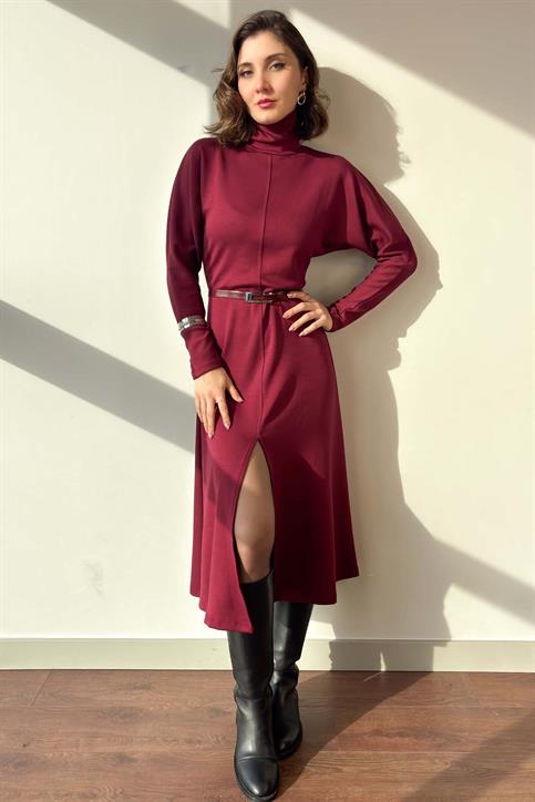 Bordo Ön Yırtmaçlı Yarasa Kol Balıkçı Yaka Elbise