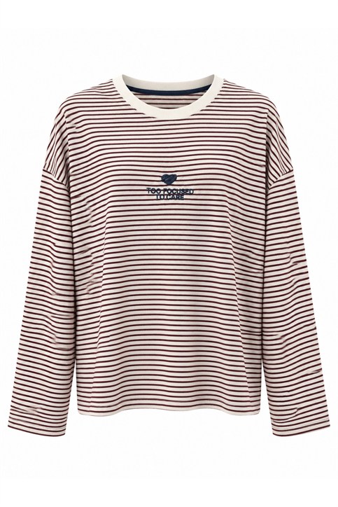 Bordo Önü Nakışlı Çizgili Uzun kollu T Shirt